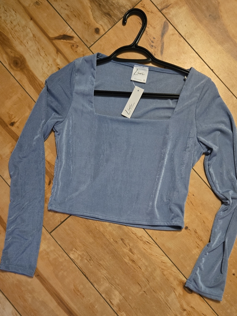 Olivia Rae Shimmery Light Blue Square-Neck Long Sleeve Crop Top